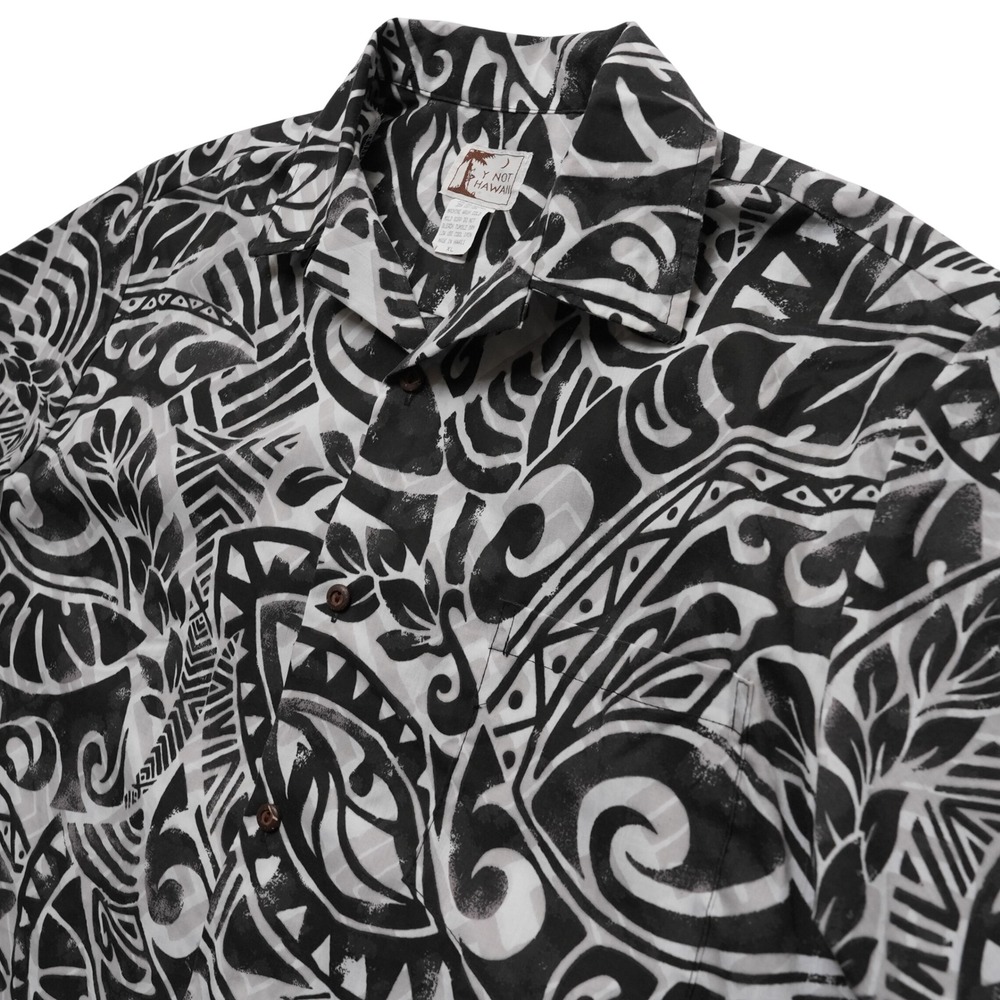 Y Not Hawaii Mens XL Black Polynesian Tribal‎ Hawaiian Shirt Made in USA